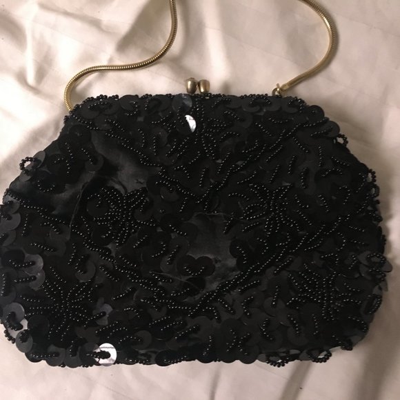 Du Val Black Purse Hong Kong Sequin Beads Evening Hand Chain Bag Clasp Vintage - Picture 2 of 15
